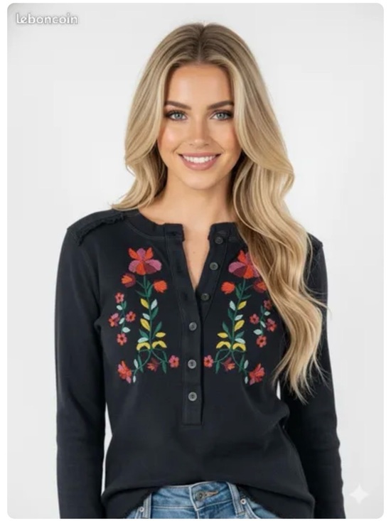 Free People Tops - Free People Fleur Embroidered Cuff Henley